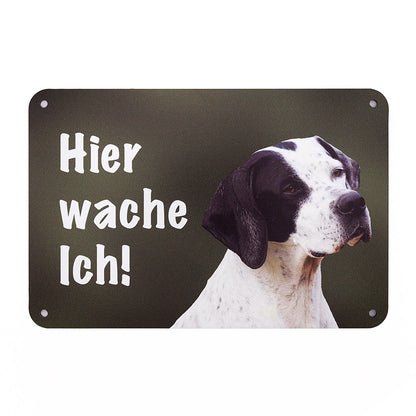 English Pointer Zaunschild mit Aufschrift Hier wache ich, wetterfestes Hundeschild für Gartenzaun und Gartentor, 24 × 16 cm