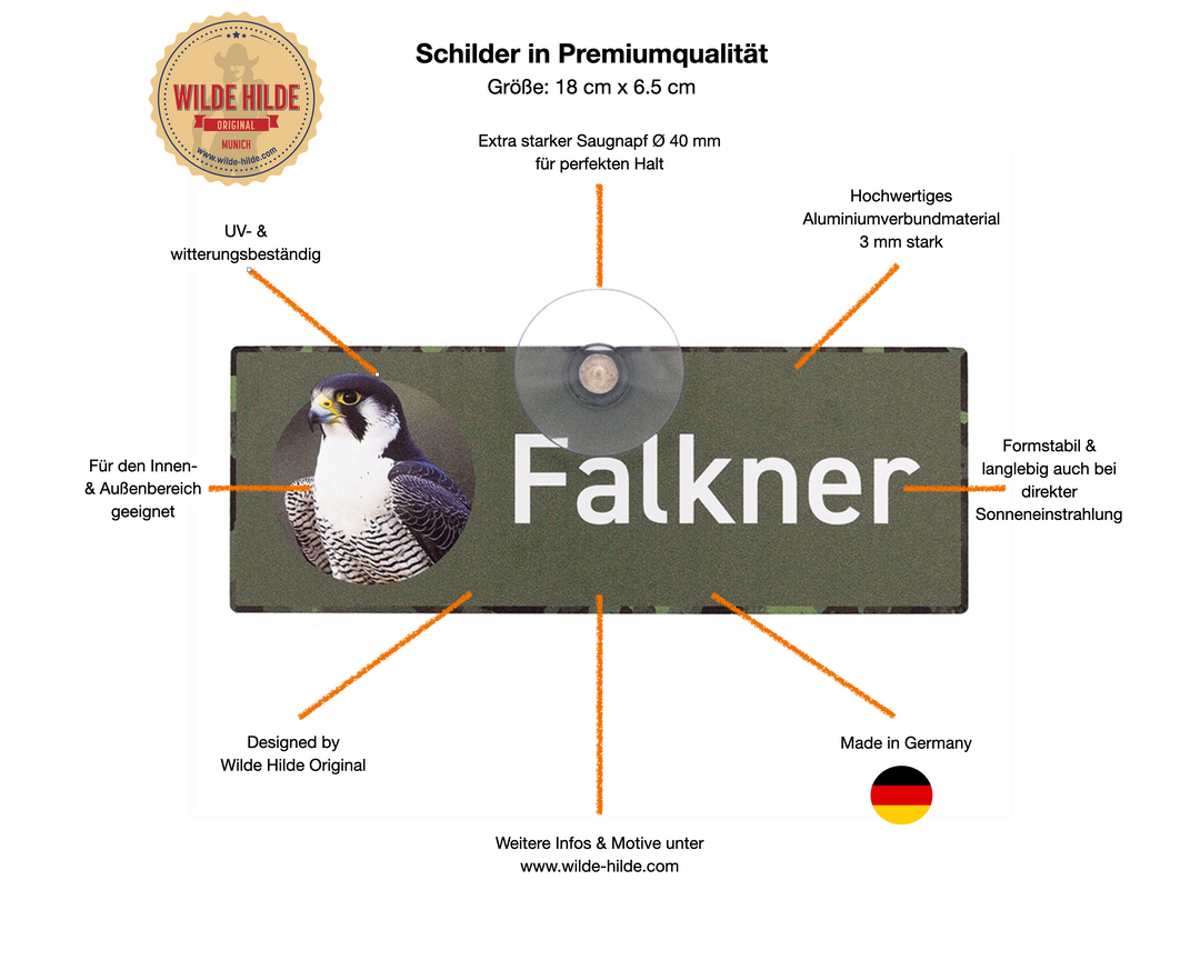Falkner Schild für die Autoscheibe – Premium Auto-Saugnapfschild, UV- & witterungsbeständig - MADE IN GERMANY