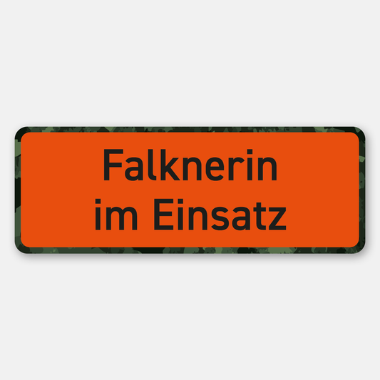 Falknerin im Einsatz Magnetschild fürs Auto - Premium Autoschild, Maße 27.5 cm x 10 cm, orange Signalfarbe - Made in Germany