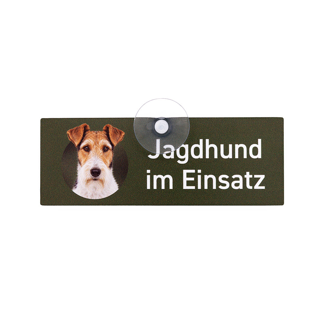 Rauhaar-Foxterrier Jagdhund im Einsatz Autoschild 18 x 6,5 cm mit Saugnapf von Wilde Hilde Original