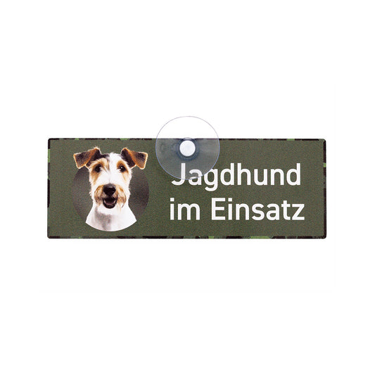 Fox Terrier Schild "Jagdhund im Einsatz" Jagdschild mit Saugnapf für die Autoscheibe - Made in Germany