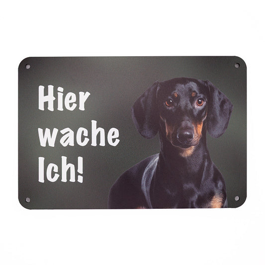 Kurzhaardackel / Teckel schwarz Warnschild „Hier wache ich!“ | Jagdhund Hundeschild für Zaun, Tor & Grundstück, wetterfest