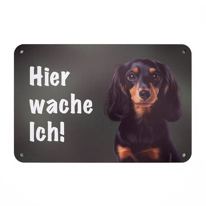Langhaardackel - Teckel Warnschild „Hier wache ich!“ | Jagdhund Hundeschild für Zaun, Tor & Grundstück, wetterfest