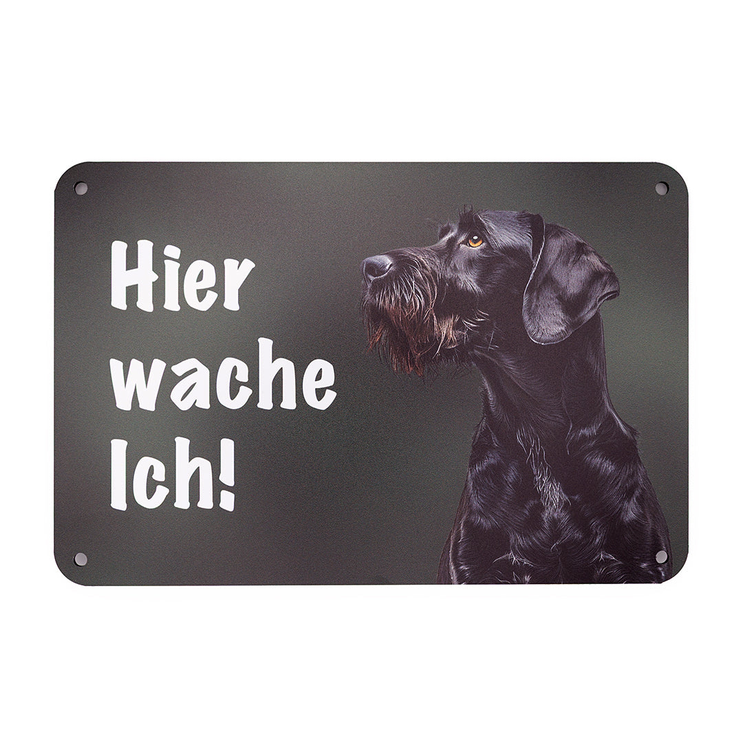 Deutsch Drahthaar schwarz Warnschild „Hier wache ich!“ | Jagdhund Hundeschild für Zaun, Tor & Grundstück, wetterfest