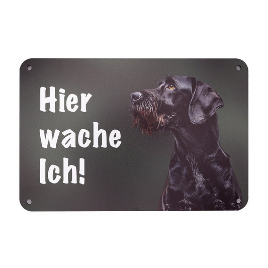 Deutsch Drahthaar schwarz Warnschild „Hier wache ich!“ | Jagdhund Hundeschild für Zaun, Tor & Grundstück, wetterfest