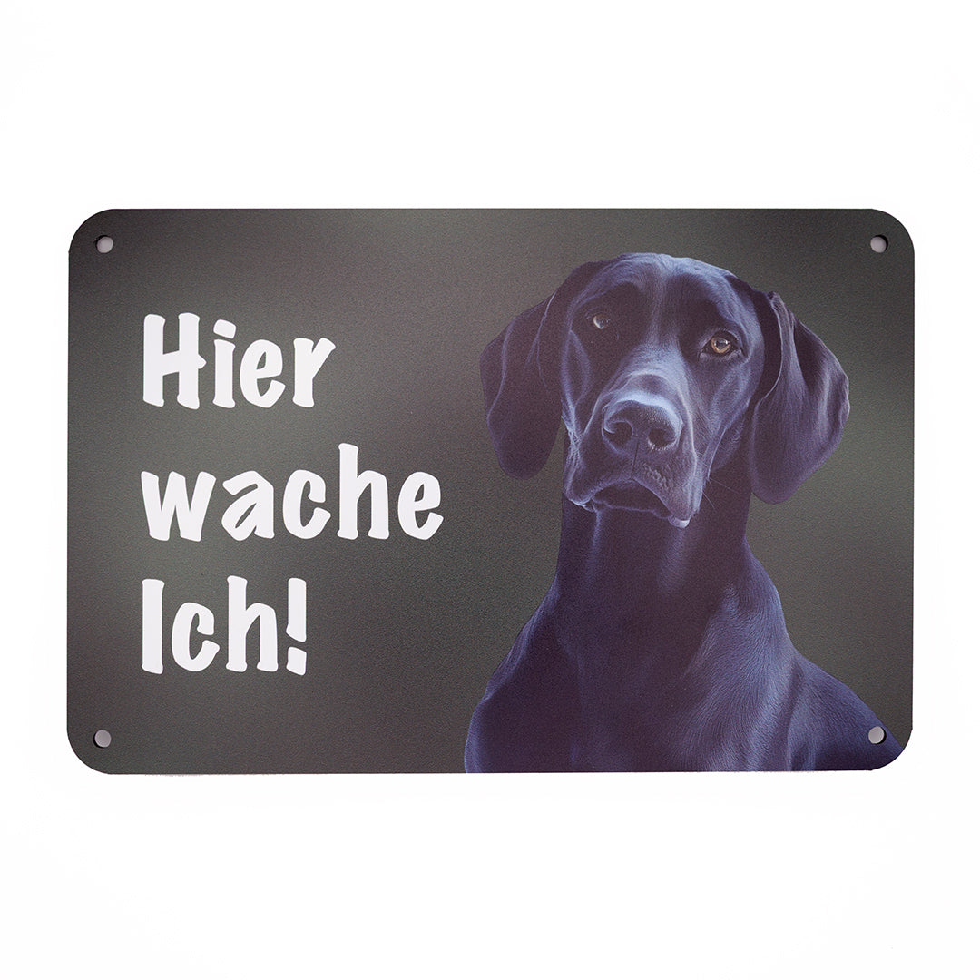 Deutsch Kurzhaar schwarz Warnschild „Hier wache ich“ | Jagdhund Hundeschild für Zaun, Tor & Grundstück, wetterfest