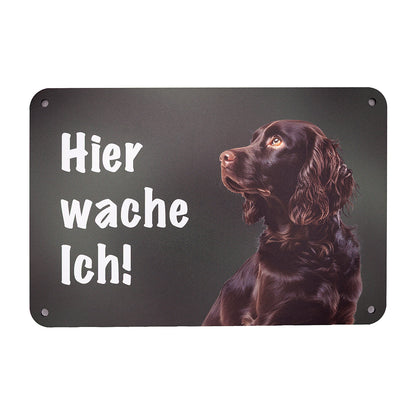 Deutscher Wachtelhund Warnschild „Hier wache ich!“ | Jagdhund Hundeschild für Zaun, Tor & Grundstück, wetterfest