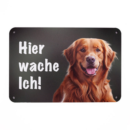 Golden Retriever Warnschild „Hier wache ich“ | Jagdhund Hundeschild für Zaun, Tor & Grundstück, wetterfest