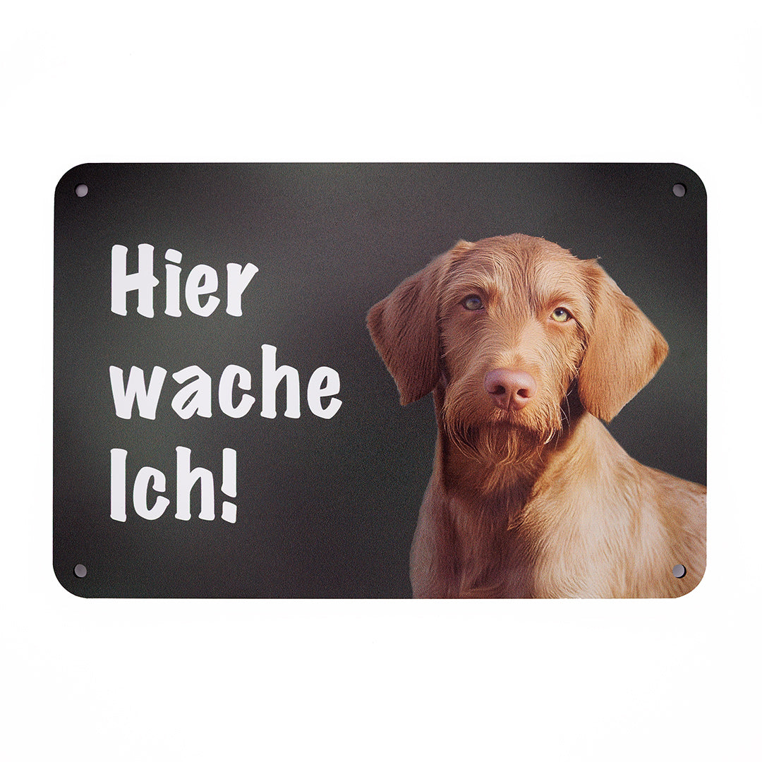 Magyar Vizsla Drahthaar Warnschild „Hier wache ich“ | Jagdhund Hundeschild für Zaun, Tor & Grundstück, wetterfest
