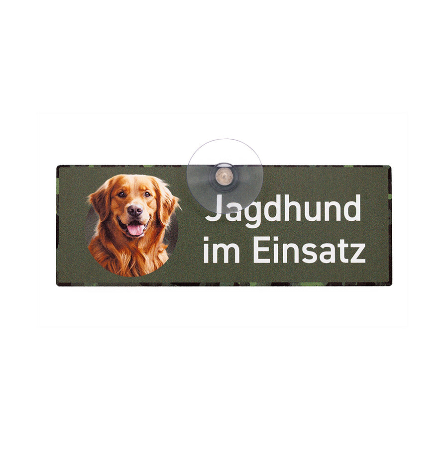 Edles Jagdhund-Schild mit Golden Retriever Motiv aus Aluminiumverbund, wetterfest und UV-beständig, mit Saugnapf für Auto, Jagd- oder Einsatzfahrzeug.