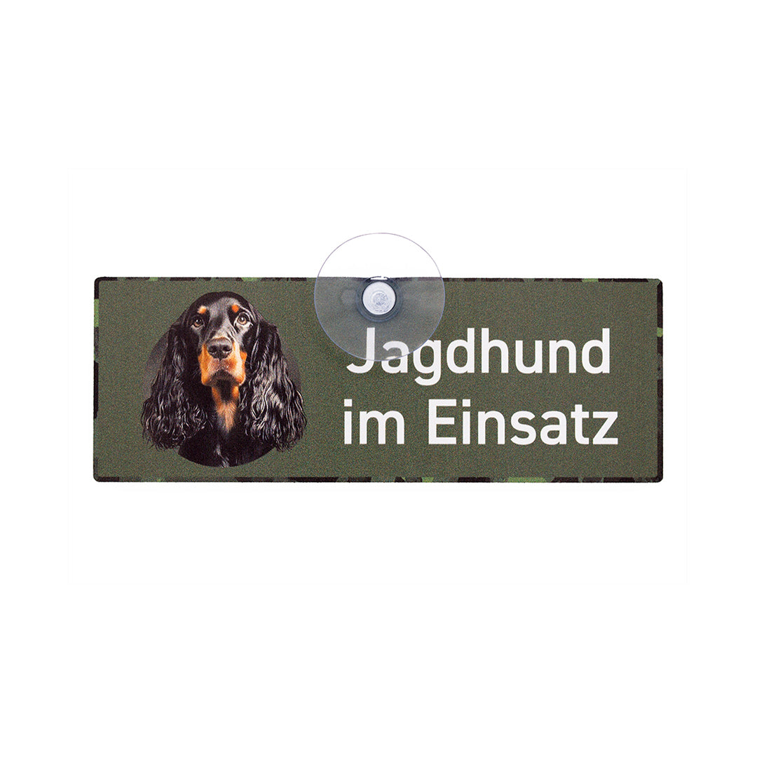 Jagd-Autoschild mit Saugnapf aus Aluminiumverbund mit einem braun-schwarzen Gordon Setter und der Aufschrift - Jagdhund im Einsatz.