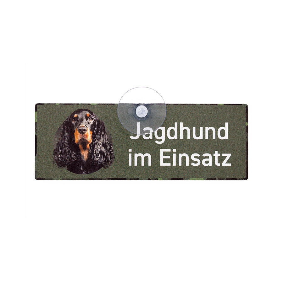 Jagd-Autoschild mit Saugnapf aus Aluminiumverbund mit einem braun-schwarzen Gordon Setter und der Aufschrift - Jagdhund im Einsatz.