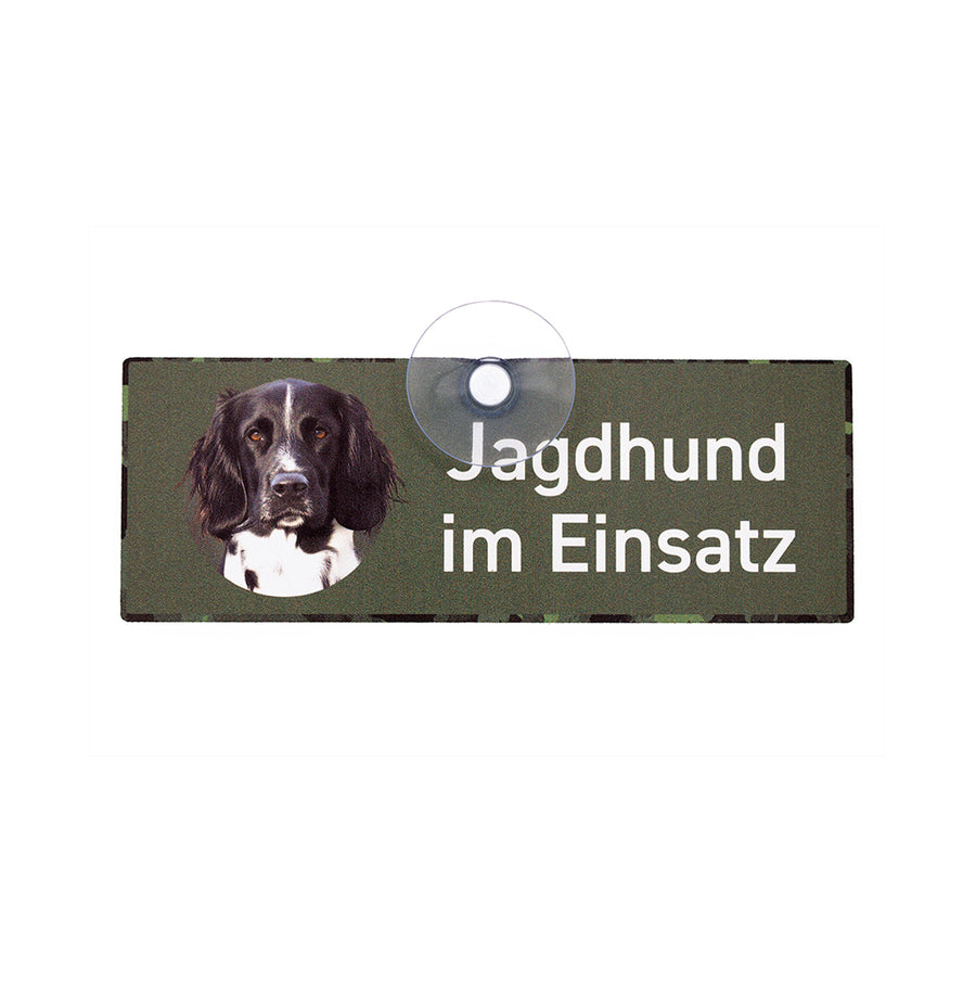 Edles Jagdhund-Schild mit Großer Münsterländer Motiv aus Aluminiumverbund, wetterfest und UV-beständig, mit Saugnapf für Auto, Jagd- oder Einsatzfahrzeug.
