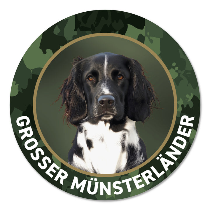 Großer Münsterländer Jagdhund Premium-Aufkleber, UV- & witterungsbeständig, 7 Jahre im Außenbereich, Made in Germany, Ø 10 cm