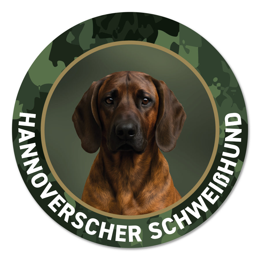 Runder Premium Jagdaufkleber Ø 10 cm mit Hannoverschem Schweißhund, wetterfester Autoaufkleber für Jagdfahrzeuge, Revierfahrzeuge und Hundeboxen von Wilde Hilde Original