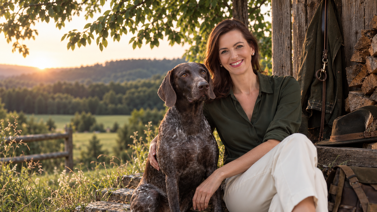 Frau mit Hund vor einer Holzhütte im Abendlicht