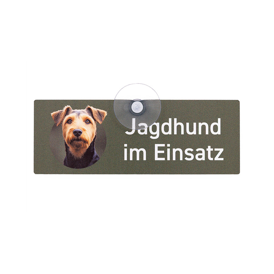 Heideterrier Schild aus stabilem Aluminiumverbund, edles Jagdhund-Schild fürs Auto 18 × 6,5 cm, wetterfest und UV-beständig, mit starkem Saugnapf für sicheren, klapperfreien Halt an der Scheibe.