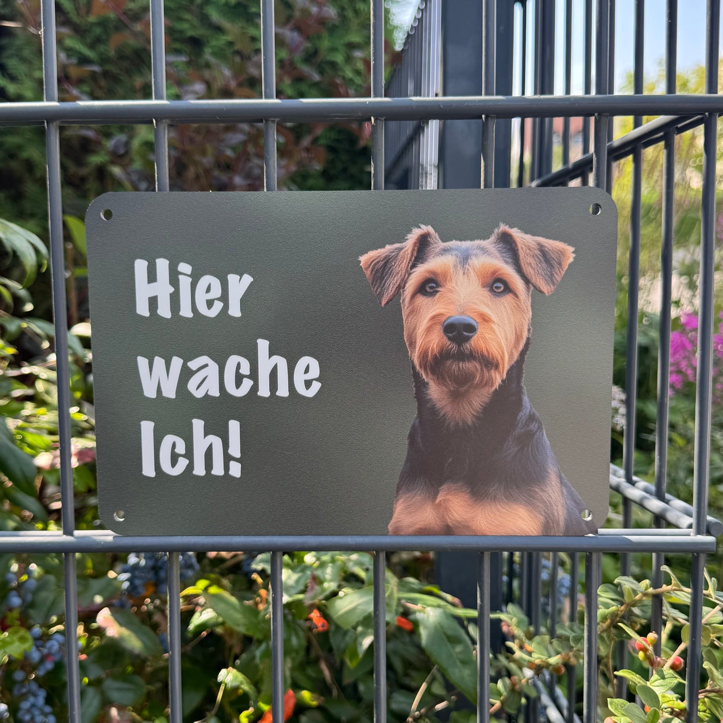 Heideterrier Warnschild „Hier wache ich!“ | Jagdhund Hundeschild für Zaun, Tor & Grundstück, wetterfest
