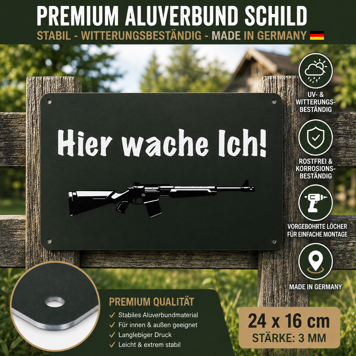 Gewehr Warnschild „Hier wache ich!“