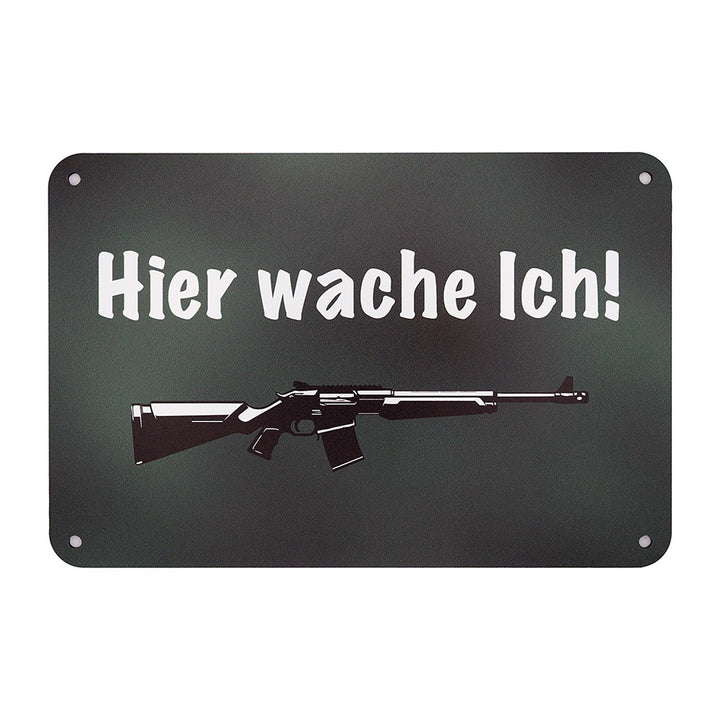 Warnschild aus Aluminium (Metall) mit Gewehr und der Aufschrift "Hier wache Ich!" zur Befestigung am Gartenzaun und Abschreckung für Einbrecher und unbefugtes Betreten, Made in Germany.