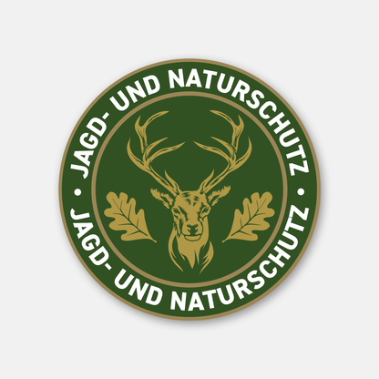 Klassischer Hirsch Jagdaufkleber „Jagd & Naturschutz" Ø 10 cm für Auto und Jagdfahrzeuge gold – wetterfester Premium-Aufkleber Made in Germany