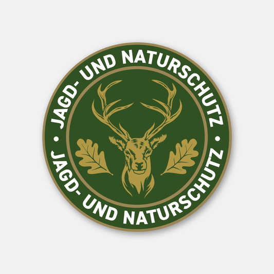 Klassischer Hirsch Jagdaufkleber „Jagd & Naturschutz" Ø 10 cm für Auto und Jagdfahrzeuge gold – wetterfester Premium-Aufkleber Made in Germany