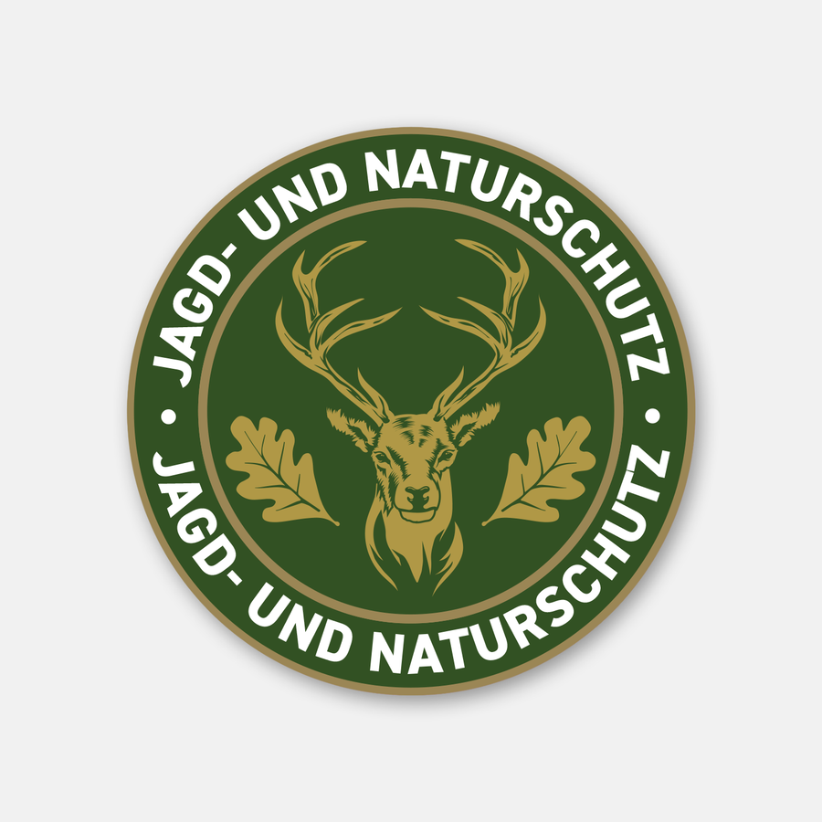 Klassischer Hirsch Jagdaufkleber „Jagd & Naturschutz" Ø 10 cm für Auto und Jagdfahrzeuge gold – wetterfester Premium-Aufkleber Made in Germany