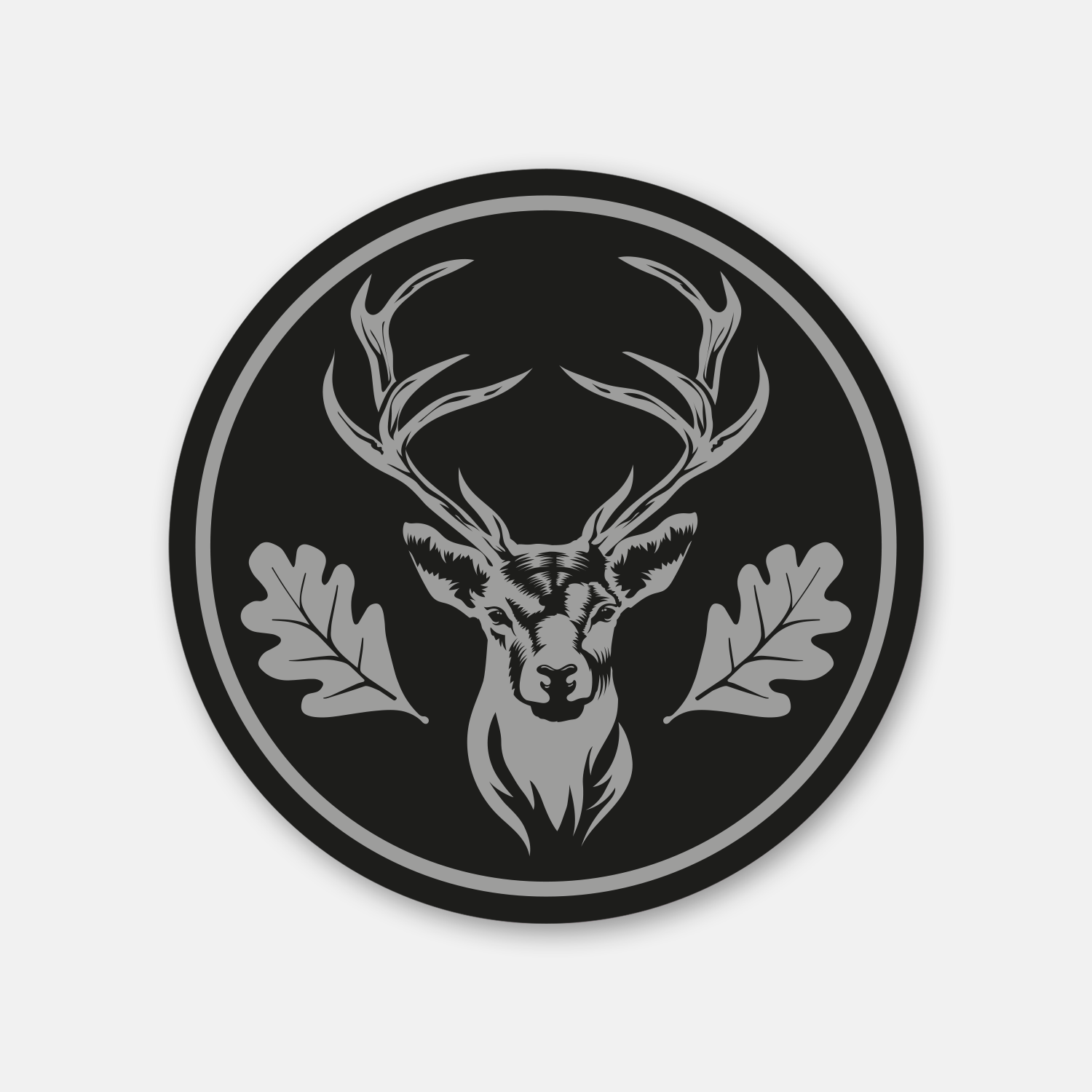 Runder Schwarz-grauer klassischer Jagdaufkleber mit Hirschmotiv für Jagdfahrzeuge oder Autoscheibe