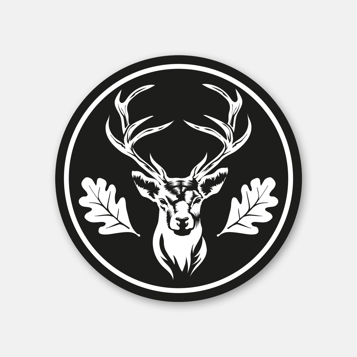 Runder schwarz-weißer Hirsch Jagdaufkleber für Autoscheibe und Jagdfahrzeuge – klassischer Premium-Sticker