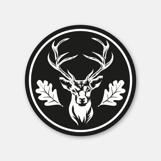 Runder schwarz-weißer Hirsch Jagdaufkleber für Autoscheibe und Jagdfahrzeuge – klassischer Premium-Sticker