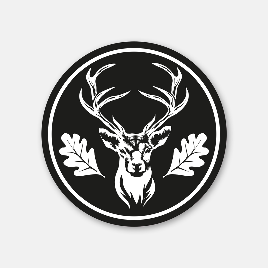 Runder schwarz-weißer Hirsch Jagdaufkleber für Autoscheibe und Jagdfahrzeuge – klassischer Premium-Sticker