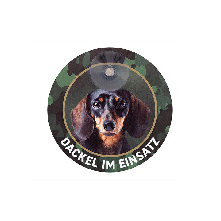 Hundeschild "Dackel im Einsatz" Teckel, Dachshund Autoschild / Hundeschild rund mit Saugnapf