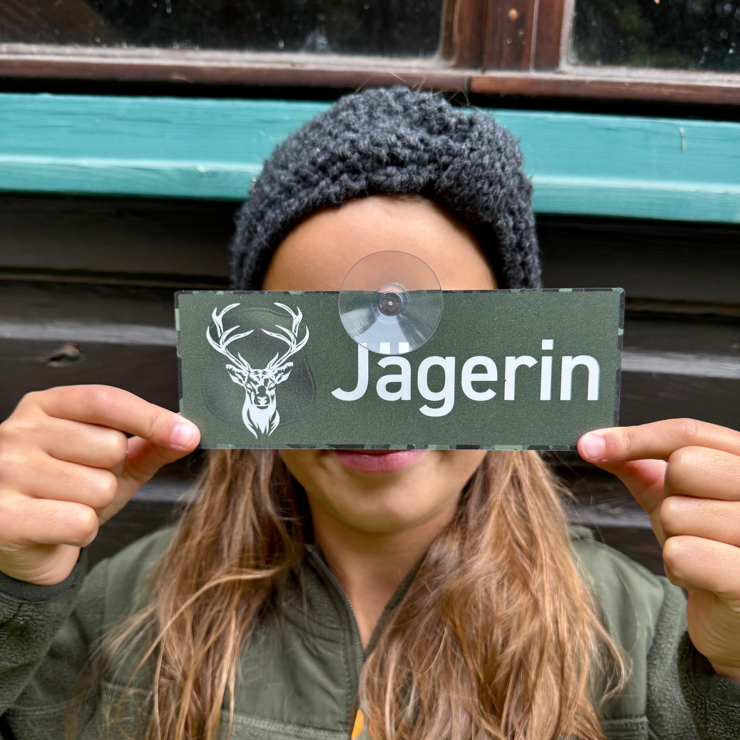 Tiroler Bracke TiBr Jagdschild "Jagdhund im Einsatz" Schild mit Saugnapf - Made in Germany