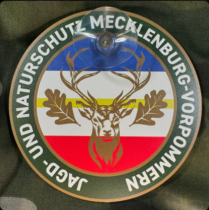 Jagdschild Mecklenburg-Vorpommern „Jagd & Naturschutz“ rund mit Saugnapf | Jagd Schild für Autoscheibe | Jagdschutz & Jagdbetrieb – Made in Germany