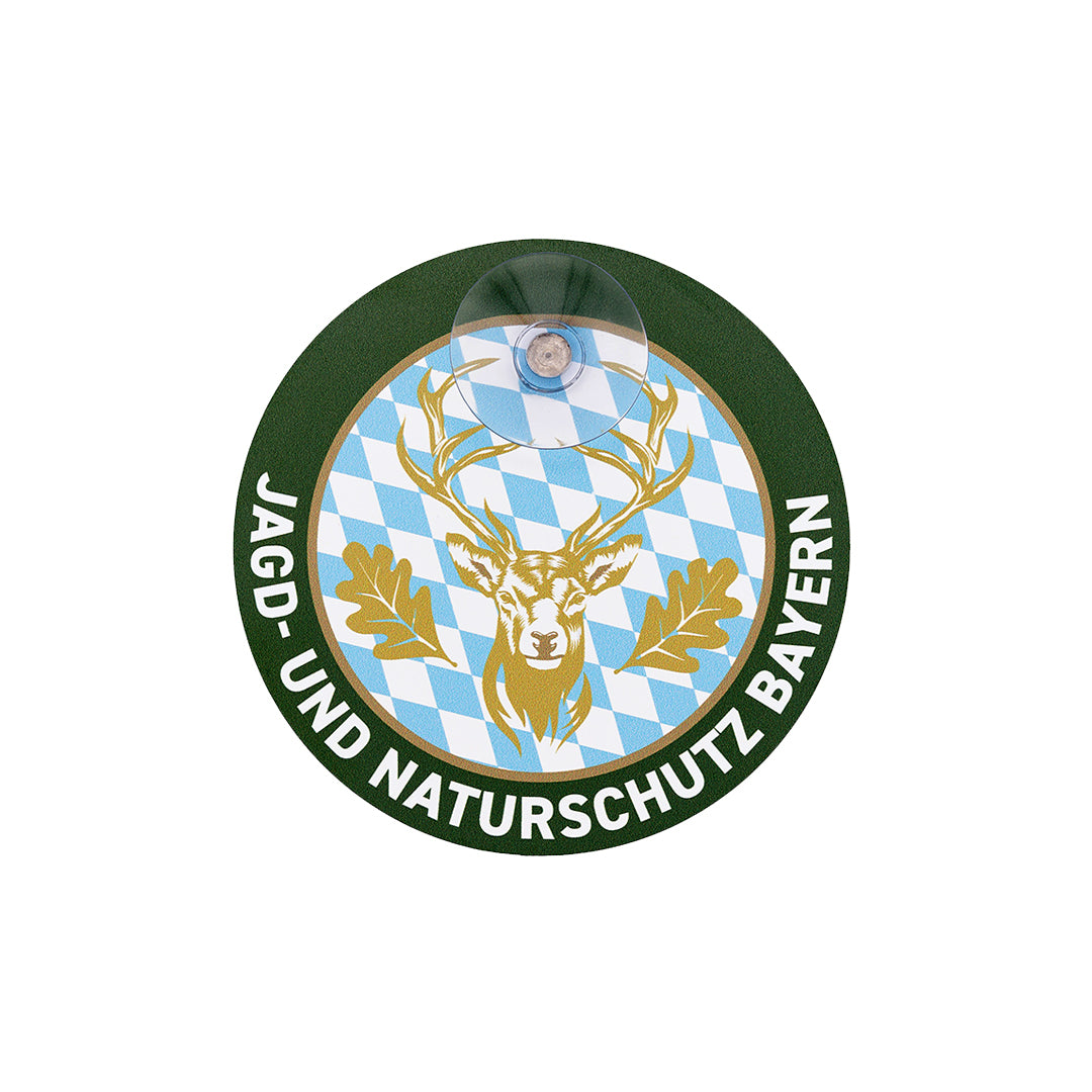 Bayern Jagdschild mit Haftsauger und Hirschmotiv für Autoscheibe – bayerische Rauten und Schriftzug „Jagd & Naturschutz Bayern"