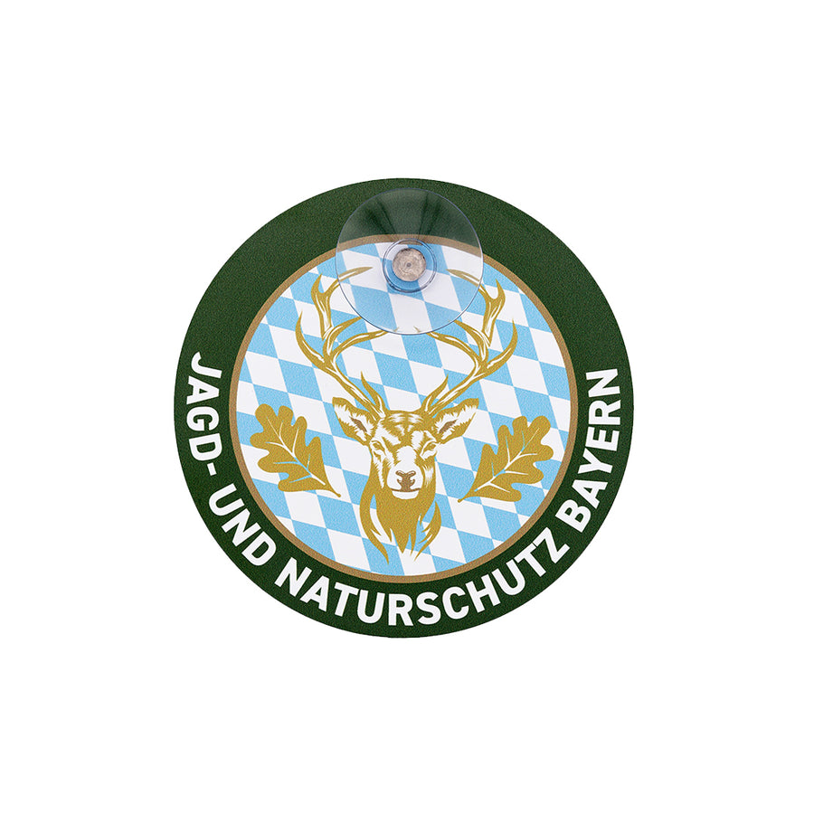 Bayern Jagdschild mit Haftsauger und Hirschmotiv für Autoscheibe – bayerische Rauten und Schriftzug „Jagd & Naturschutz Bayern"
