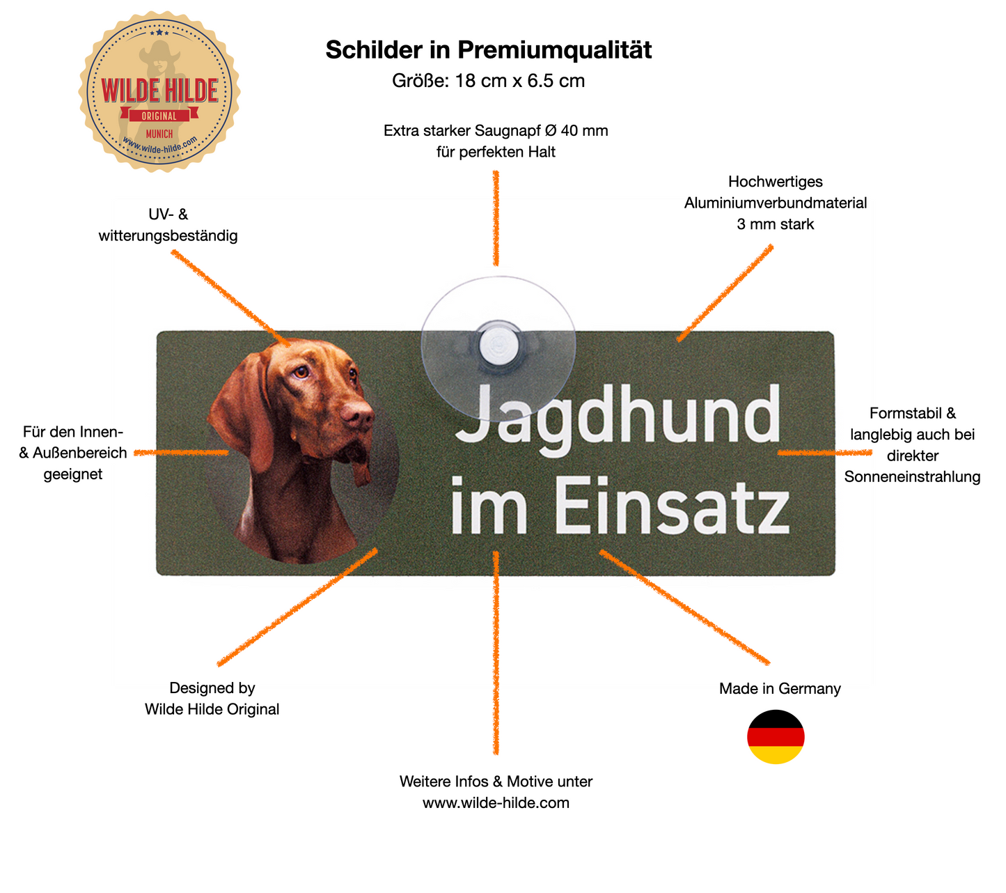 Deutsch Kurzhaar - DK Schwarzschimmel Schild "Jagdhund im Einsatz" Jagdschild mit Saugnapf für die Autoscheibe - Made in Germany