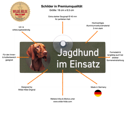 Deutsch Kurzhaar - DK Schwarzschimmel Schild "Jagdhund im Einsatz" Jagdschild mit Saugnapf für die Autoscheibe - Made in Germany
