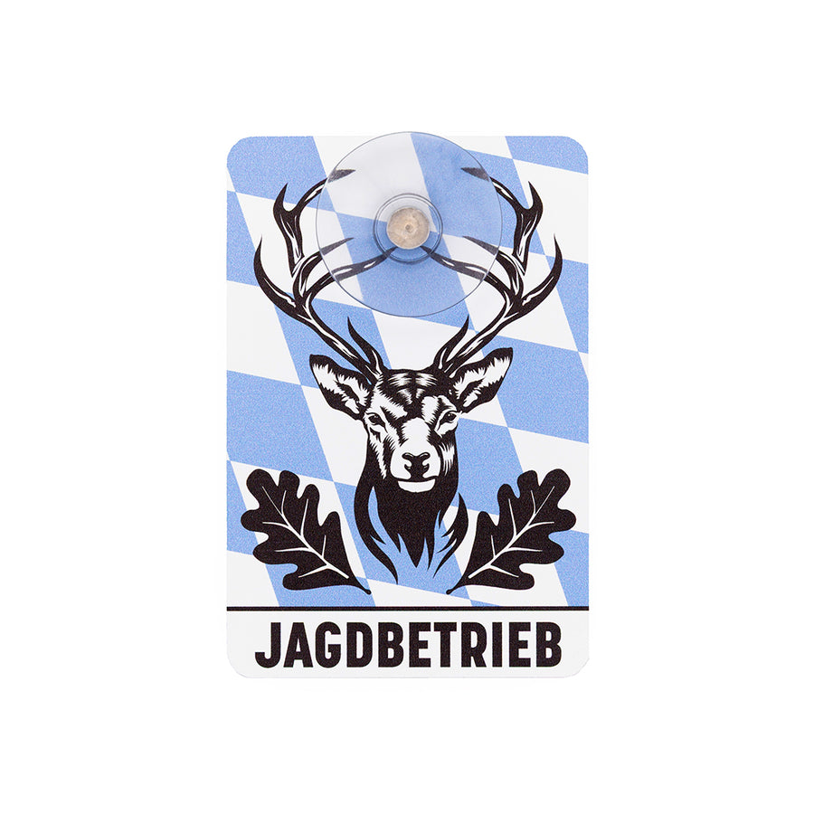 Jagdschild Bayern für Jäger aus Aluminium mit Saugnapf für die Autoscheibe mit der Aufschrift Jagdbetrieb