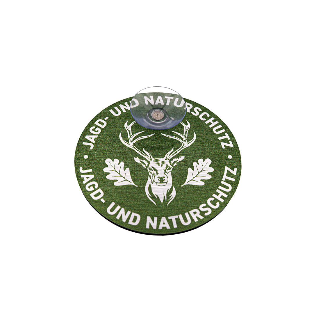 Rundes Jagdschild mit Hirschmotiv und der Aufschrift Jagd & Naturschutz, Aluminium gebürstet