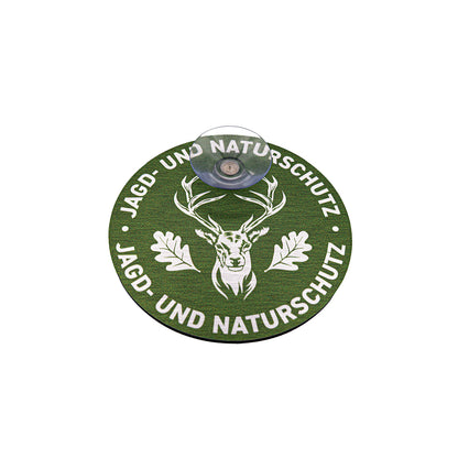Rundes Jagdschild mit Hirschmotiv und der Aufschrift Jagd & Naturschutz, Aluminium gebürstet