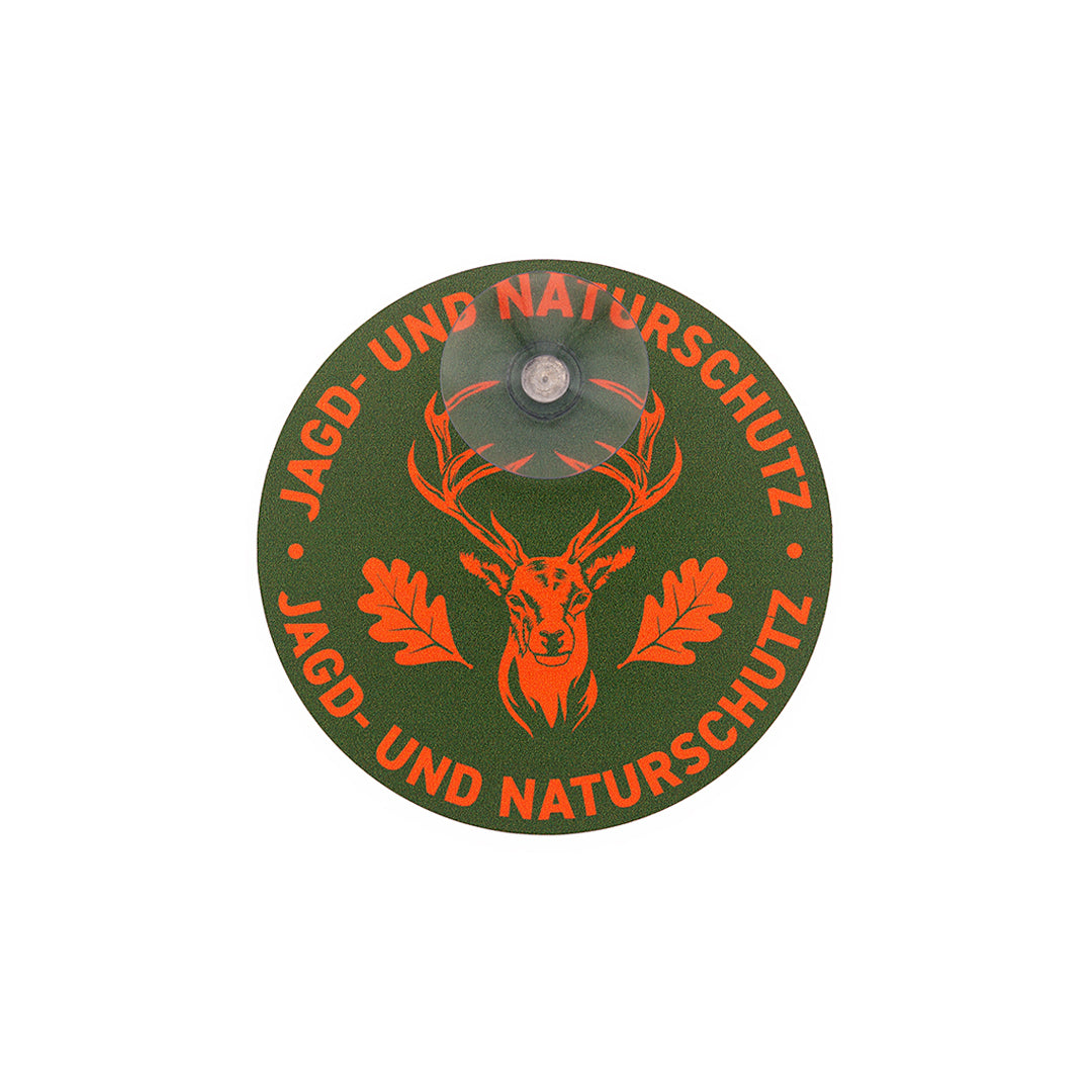 Kleines rundes Jagdschild mit grünem Hintergrund, signaloranger Aufschrift, Hirsch und Eichenlaub, Ø 11,5 cm, mit Saugnapf