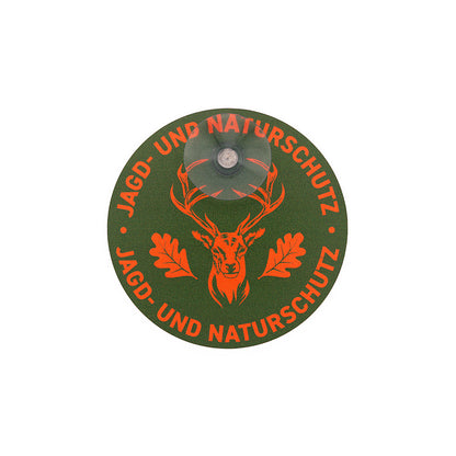 Kleines rundes Jagdschild mit grünem Hintergrund, signaloranger Aufschrift, Hirsch und Eichenlaub, Ø 11,5 cm, mit Saugnapf