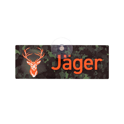 Jäger Schild, Jagdschild mit Saugnapf für die Autoscheibe mit oranger Aufschrift Jäger und Hirschmotiv