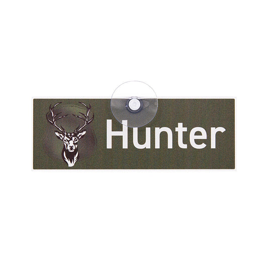 Jagdschild mit der Aufschrift "Hunter" und Hirsch Motiv, mit Saugnapf zur Befestigung an der Autoscheibe, Made in Germany