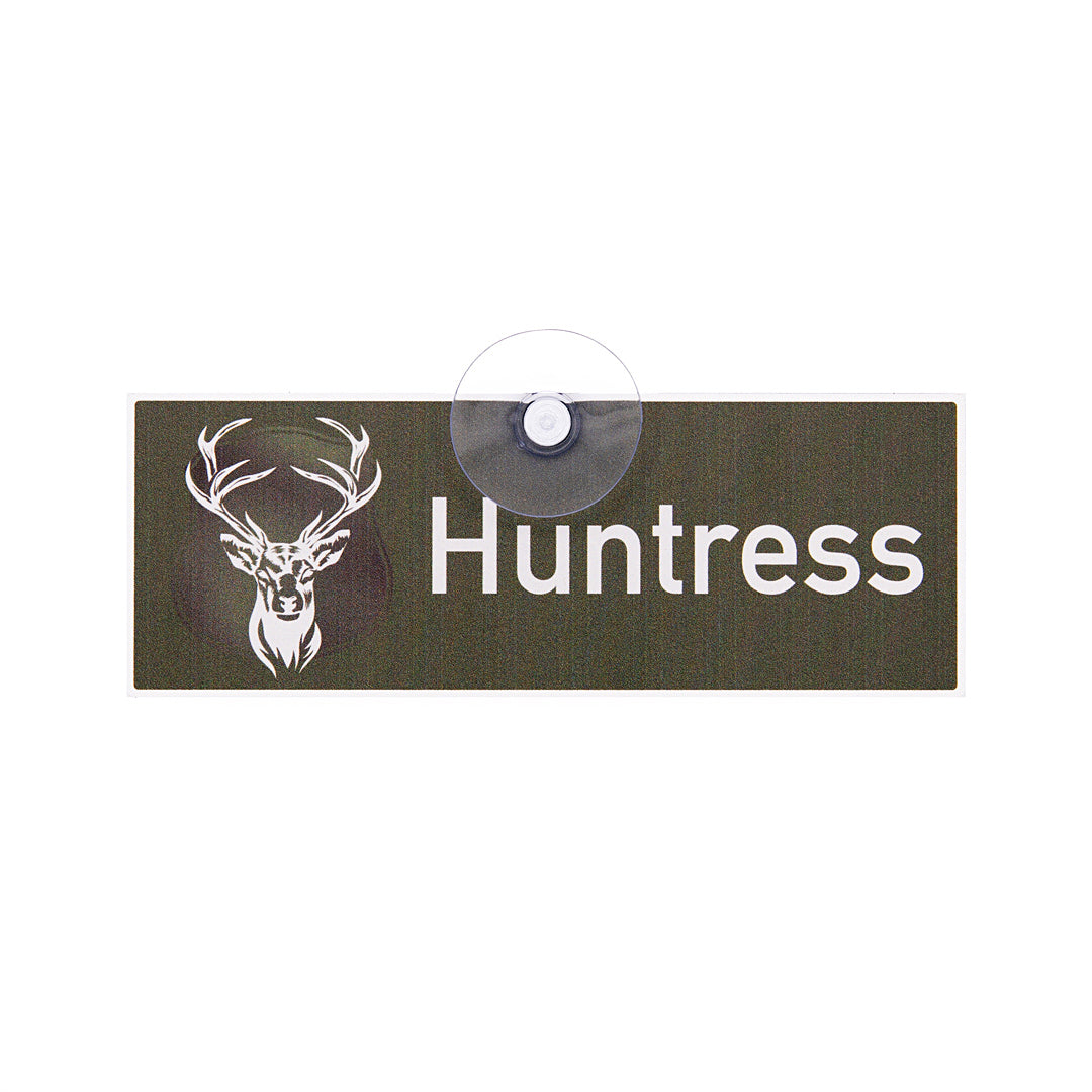 Huntress Premium Schild mit Saugnapf für die Autoscheibe, Jagdschild mit Hirschmotiv für Jägerinnen, Made in Germany