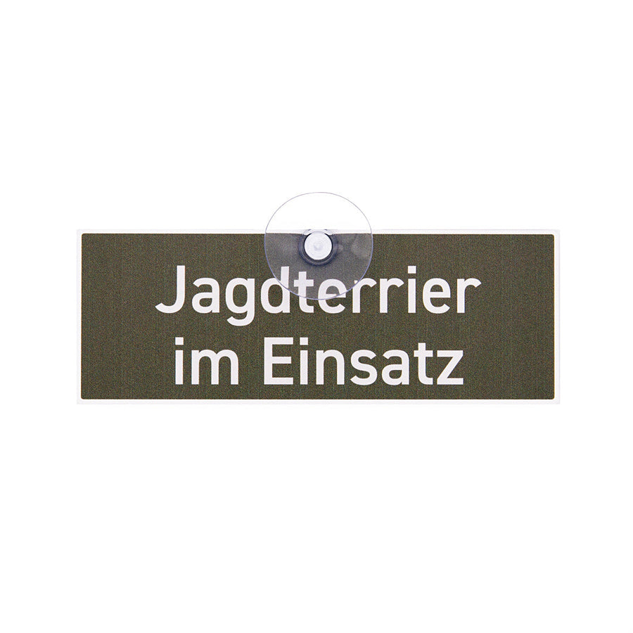 Schild „Jagdterrier im Einsatz“ mit Saugnapf fürs Auto
