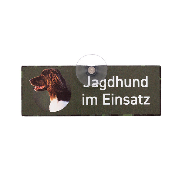 Kleiner Münsterländer KLM Jagdhund Schild mit Saugnapf für die Autoscheibe, grün mit weißer Schrift