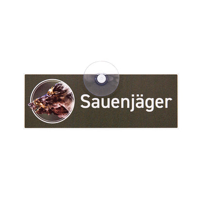Sauenjäger Schild mit Saugnapf, Jagdschild fürs Jagdauto aus Aluverbund mit Keiler Motiv, Made in Germany