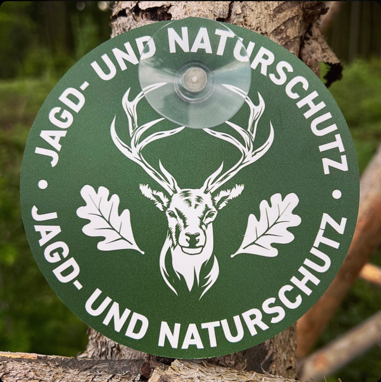 Jagdschild fürs Auto rund mit Saugnapf  "Jagd & Naturschutz" Hirsch für Jäger und Jägerinnen